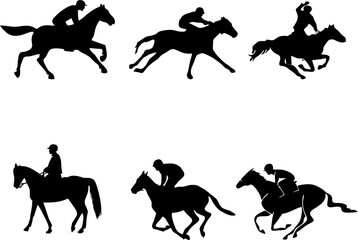 Horse Racing Competition icons. Jockeys on horses galloping on the racetrack. Silhouettes of riders. Horse race competition, video game and tournament poster or banner idea. 