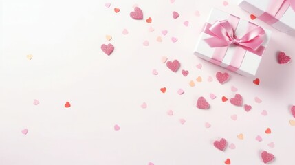 Valentine day composition: white gift boxes with bow and red felt hearts, photo template, background. Top View.