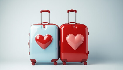 Large suitcases stand in front of the background with empty wall for your text. Blue and red suitcases with big hearts on it. The concept of traveling for Valentines Day or trip as a gift for lovers.