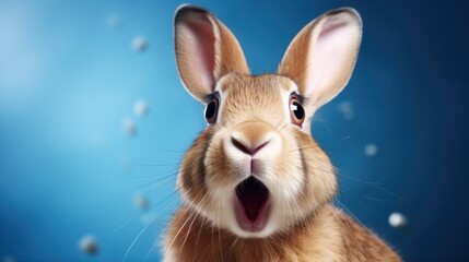 photo portrait of bunny or rabbit on blue background for digital printing wallpaper, custom design, easter concept
