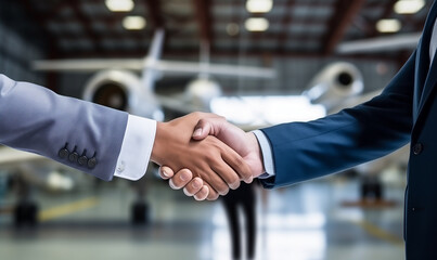 Handshake between two businessman in the airport. Businessmen shake hands in front of jet. concept in success, business, finance and cooperation with foreigner. Copy space, blurred background - obrazy, fototapety, plakaty
