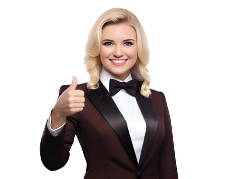 happy woman croupier or dealer wearing a tuxedo