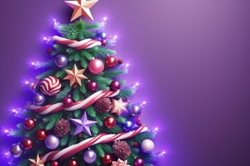 Decorated abstract violet Christmas tree with glowing lights. Purple background. The arrival of Christmas and New Year.