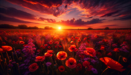 Romantic sunset over a poppy field. The image should convey the beauty of a field of poppies in the warm light of sunset. - obrazy, fototapety, plakaty