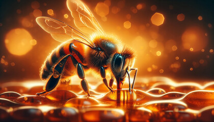 A macro image of a bee on honey. Banner. - obrazy, fototapety, plakaty