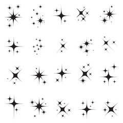 Set of star sparkling and twinkling cartoon. Black glittering star light particles. Vector illustration. Isolated on white background. Sparkles, stars and bursts icons, twinkling stars.