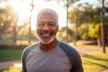 A black elderly man smiles after jogging.