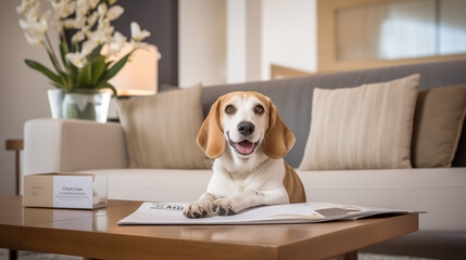 Cute beagle puppy inside a living room. Leaning on a coffee table.