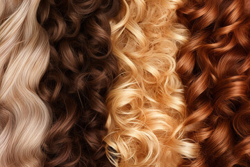 Beauty, fashion, make-up and hairstyle concept. Set of various dyed human hair colorful strands background with copy space. Macro close-up view - Powered by Adobe