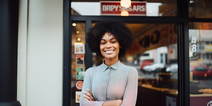 Smiling Black Woman Standing In Front Of A Restaurant