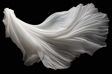 Graphic resources. Beautiful flying or levitating in air white fabric on black background with copy space