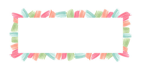 Horizontal banner made of children's shading with multi-colored pencils. Chalk texture. Frame for text. Imitation of a child's drawing. For the design of holiday cards, invitations, backgrounds