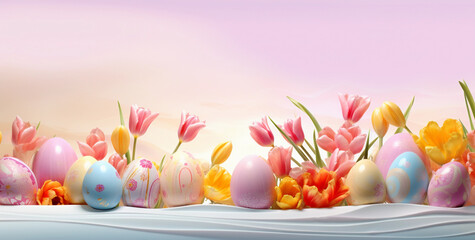 easter eggs and tulips Alstroemeria flowers isolated on white