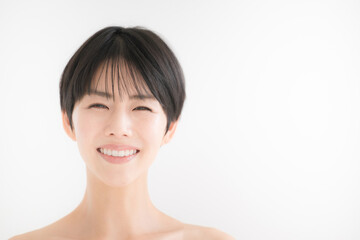 Female, Beauty, Beauty, Bare Skin, Skin Care, Japanese, People, Smiling, Cheek, Young, 20s, 30s, One Person, Whitening, Copy Space, White Background, Beautiful Skin, Skin, Upper Body, Healthy, Beautif