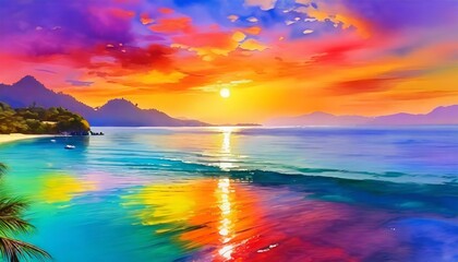 serene wallpaper featuring a captivating sunset over the sea. Picture the sun casting warm hues across the tranquil water, creating a breathtaking scene. The sky should be adorne - obrazy, fototapety, plakaty