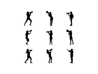 Set of Woman Using Megaphone Silhouette in various poses isolated on white background