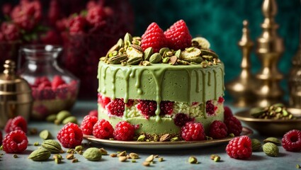 Fototapeta na wymiar Fresh Raspberry Birthday Cake with Sweet Flowers