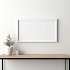 White frame mockup with a potted plant on a wooden table,