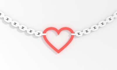 Outline heart shape fixed by chains. 3D render