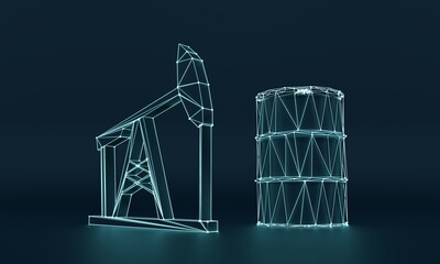 Oil drilling machine and barrel low poly wire frame. Petroleum fuel industry concept. Oil well rig jack line and point. Lines connected with dots. 3D render