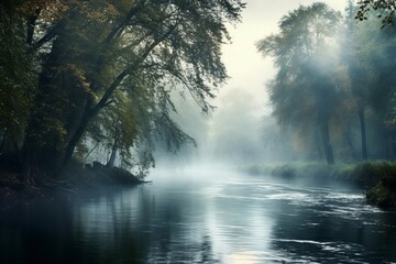 : A foggy morning on a tranquil river, where mist rises gently above the water, creating an ethereal and dreamlike atmosphere.