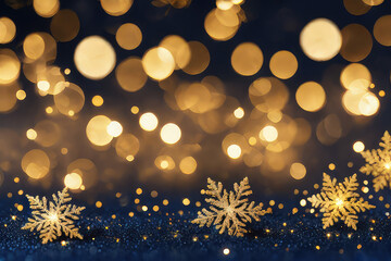 Fototapeta na wymiar golden christmas background, bokeh background, snow, winter, snow flakes, Generative AI