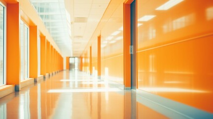 Futuristic Urban Office Space: Abstract Architectural Background with Symmetrical Hallway and Modern Design Elements in Bright, Empty Corridor