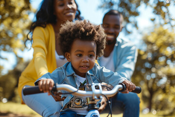 A joyful family is outdoors on a sunny day, with parents guiding their young child riding a bike in the park.