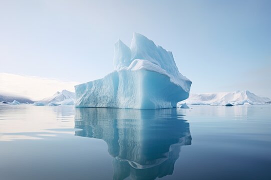 : A surreal image of a floating iceberg in the Arctic Ocean, capturing the contrast between the icy blue water and the crisp white ice.