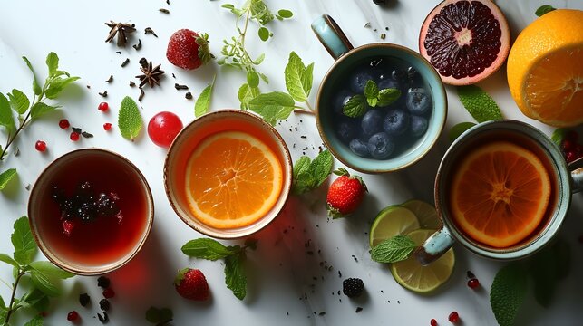 Cups of tasty tea with berries and mint on the table, top view