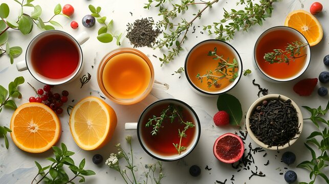 Different types of tea with fruits and herbs on a light background, top view