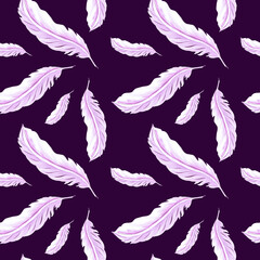 Feathers retro style seamless pattern. Watercolor background print of birds feathers. Template of hand drawn illustration for backdrops, making textile, printing packaging, wrapping paper and covers