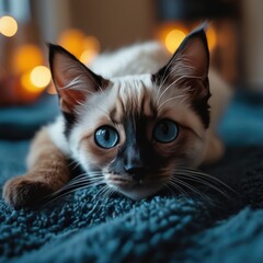 Portrait of a Siamese cat on a blurred background, blue eyes, close-up. AI generated.
