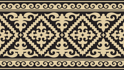 Vector golden and black seamless Kazakh national ornament. Ethnic endless pattern of the peoples of the Great Steppe, .Mongols, Kyrgyz, Kalmyks, Buryats. circle, frame border.