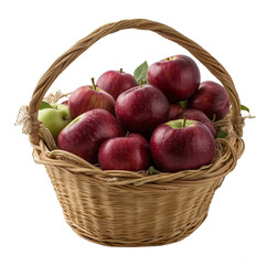 A realistic portrait of red apples in a basket, white background, PNG