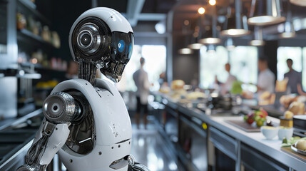 Robot in the kitchen, assisting with cooking and cleaning. AI waiter. - obrazy, fototapety, plakaty