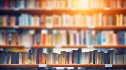 Serene Library Ambiance: Blurred Books on a Stylish Bookshelf, Perfect Background for Education, Study, and Wisdom