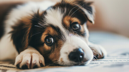 Cute puppy laying down on carpet, tilting head to the side, looking ahead.