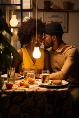 relationship couple giving each other kiss with dinner valentine concept