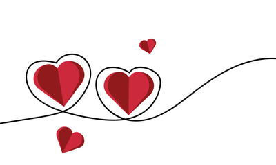 Continuous line heart shape border with realistic paper heart on white background for valentines....