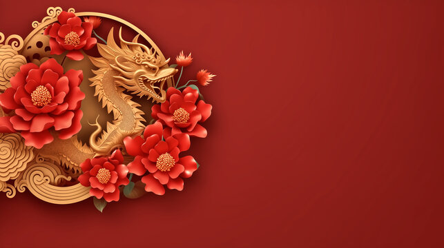 gold lucky dragon and flower with space for text, red background
