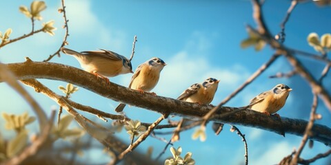 A flock of five birds were hopping on the branch, Low angle view, panning, knitted style, 64K, HDR