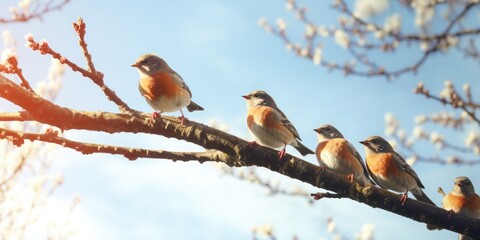 A flock of five birds were hopping on the branch, Low angle view, panning, knitted style, 64K, HDR 