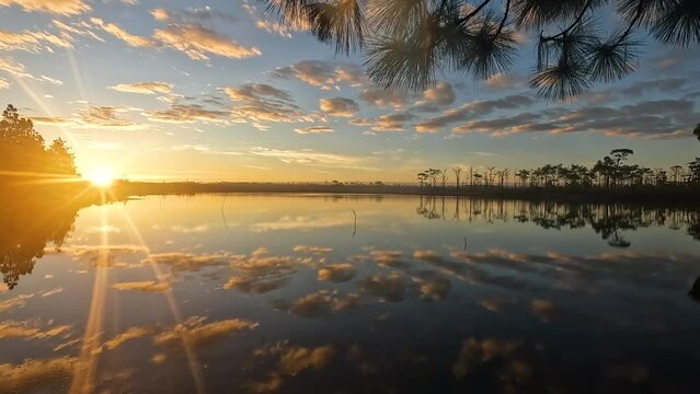 Footage 4K - Landscape orange nature of Pairat Thanchai Reservoir (Wang Kwang) with Pine tree in the Morning Sunrise at Phu Kradueng National Park Loei Thailand - Peaceful and Calm view 