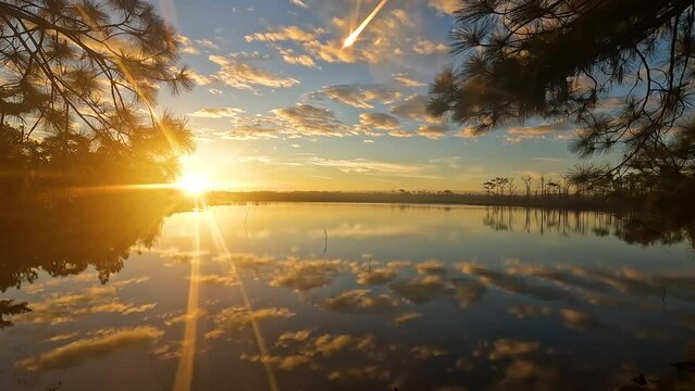 Footage 4K - Landscape orange nature of Pairat Thanchai Reservoir (Wang Kwang) with Pine tree in the Morning Sunrise at Phu Kradueng National Park Loei Thailand - Peaceful and Calm view 