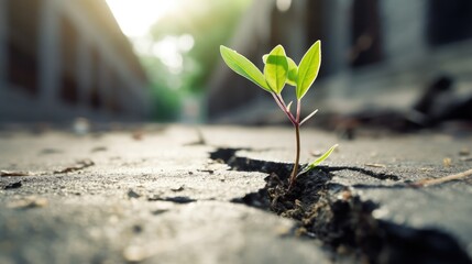 A seedling growing from a cracked concrete, Shot with Sony A7r, cinematic, 