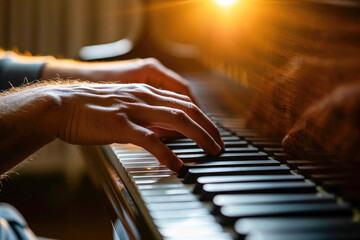 Close-up shot of hands playing on piano keys, capturing the essence of music and artistic...