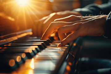 A musician's hands gracefully playing a piano keyboard during a warm, sunlit evening, evoking a...