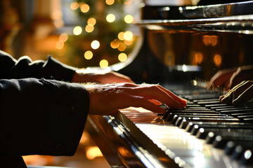 A musician's hands gracefully playing a grand piano, with a warm and inviting glow in the...