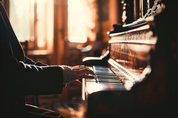 A musician's hands gracefully playing a piano, capturing the essence of musical art and timeless...